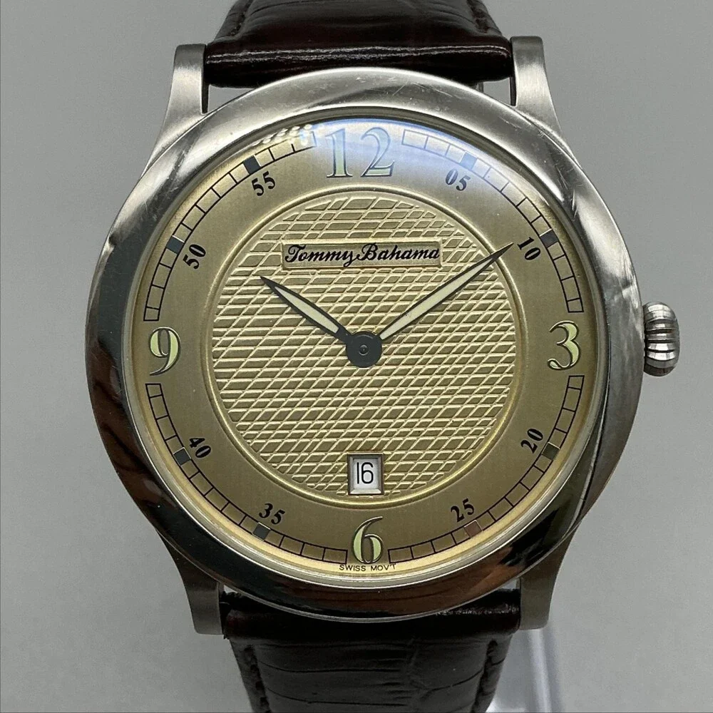 Tommy Bahama Mens Watch 40mm Gold Tone Brown Leather TB1051 Date New Battery
